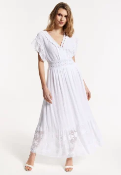 Elegant V-Neck White Lace Maxi Dress