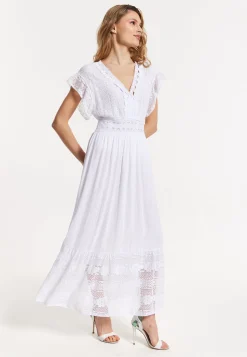 Elegant V-Neck White Lace Maxi Dress
