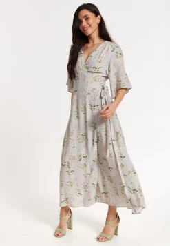 Floral Print Kimono Sleeve Wrap Maxi Dress