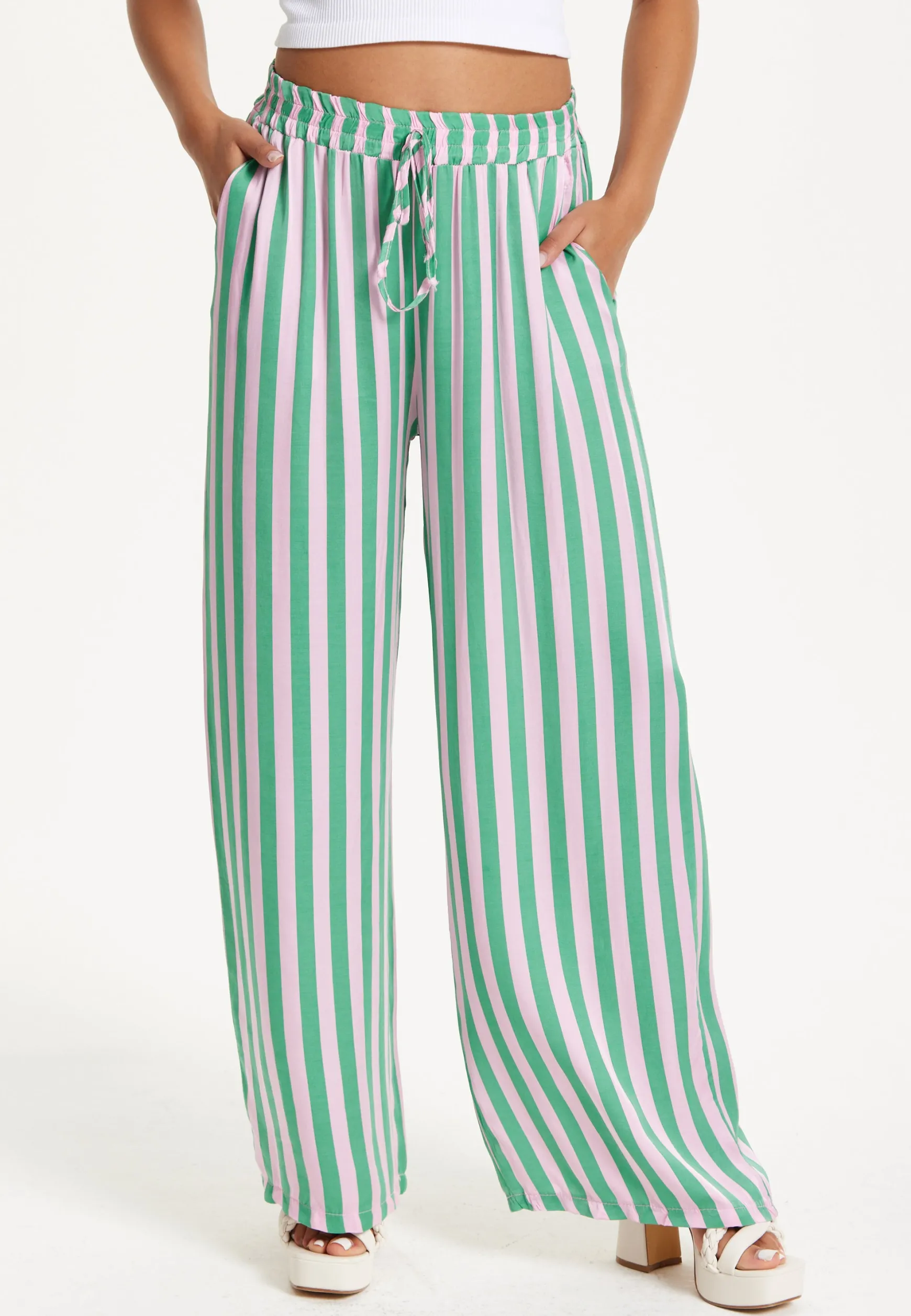 Green and White Striped Wide Leg Trousers