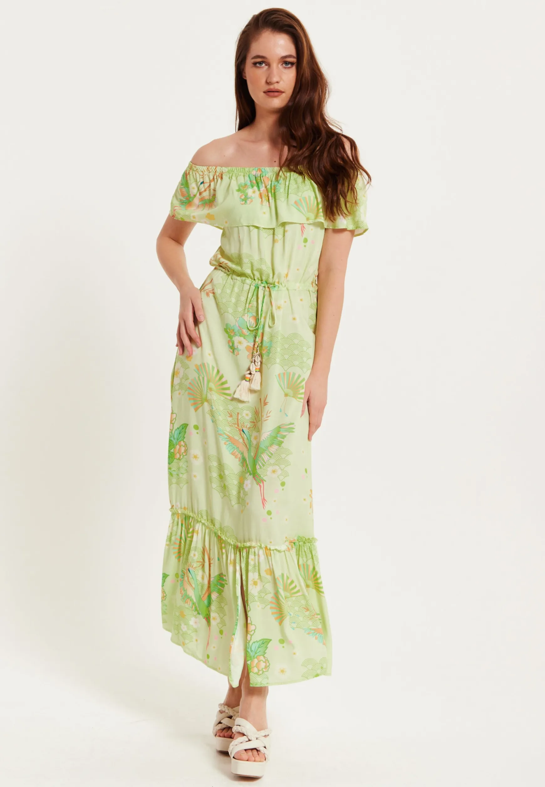 Green Floral Off Shoulder Maxi Dress