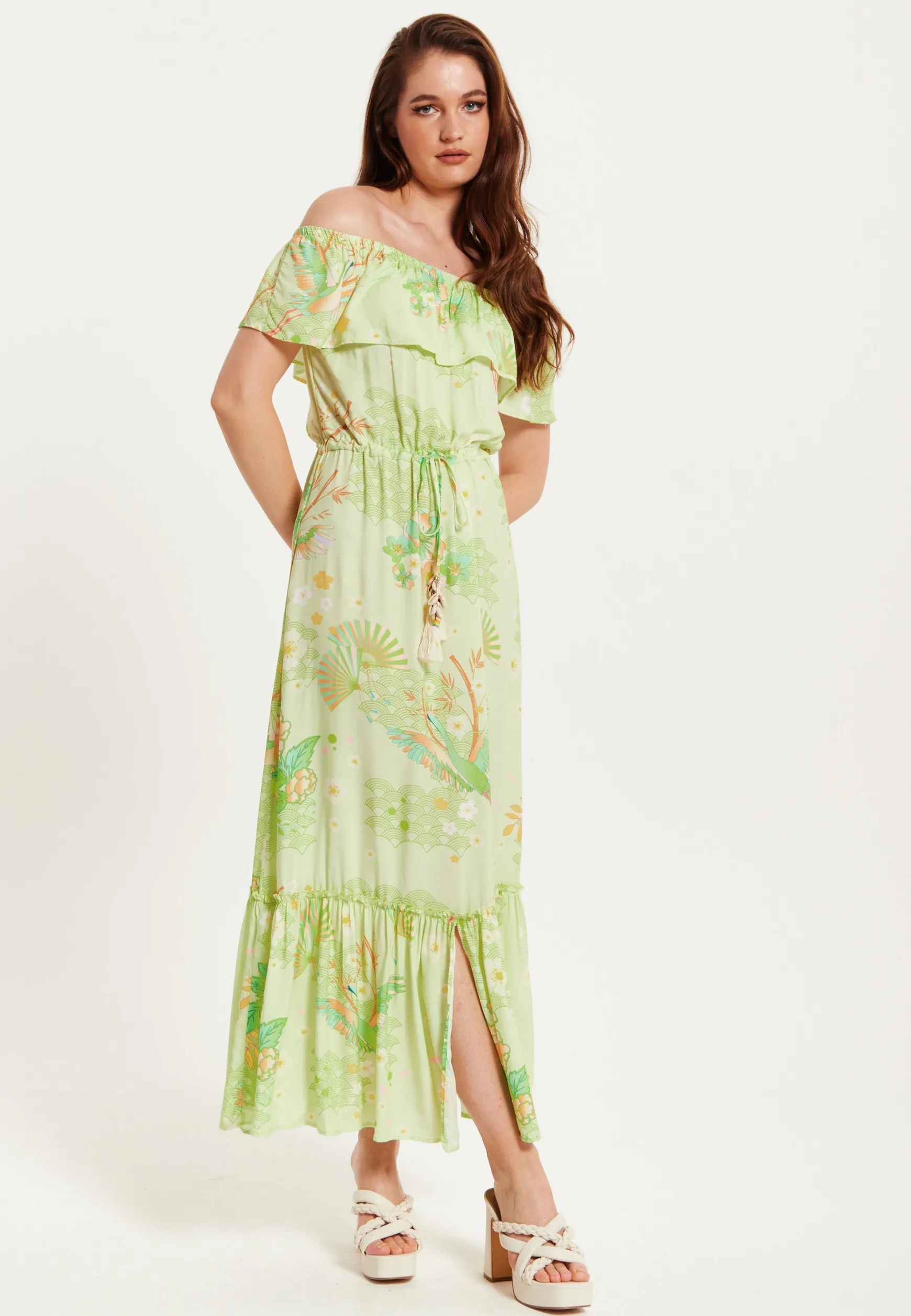 Green Floral Off Shoulder Maxi Dress