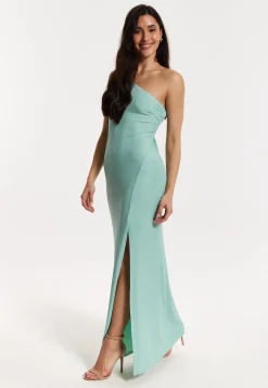 Green Lurex One Shoulder Maxi Dress