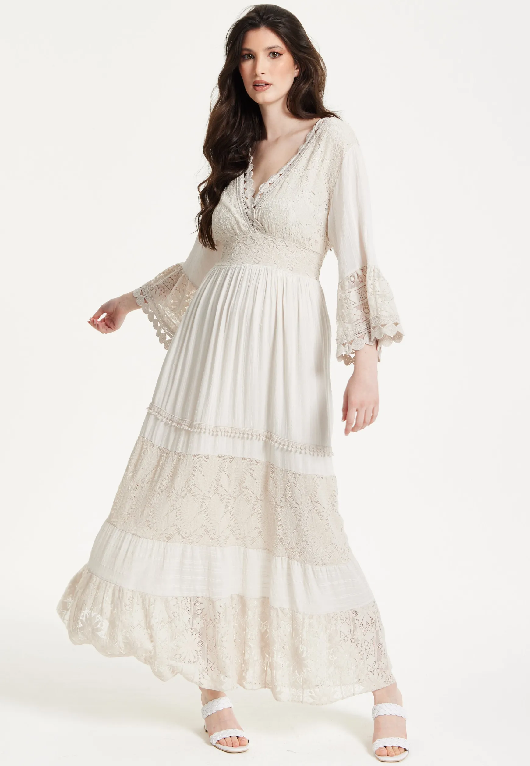 Ivory Boho Maxi Dress with Lace Trim