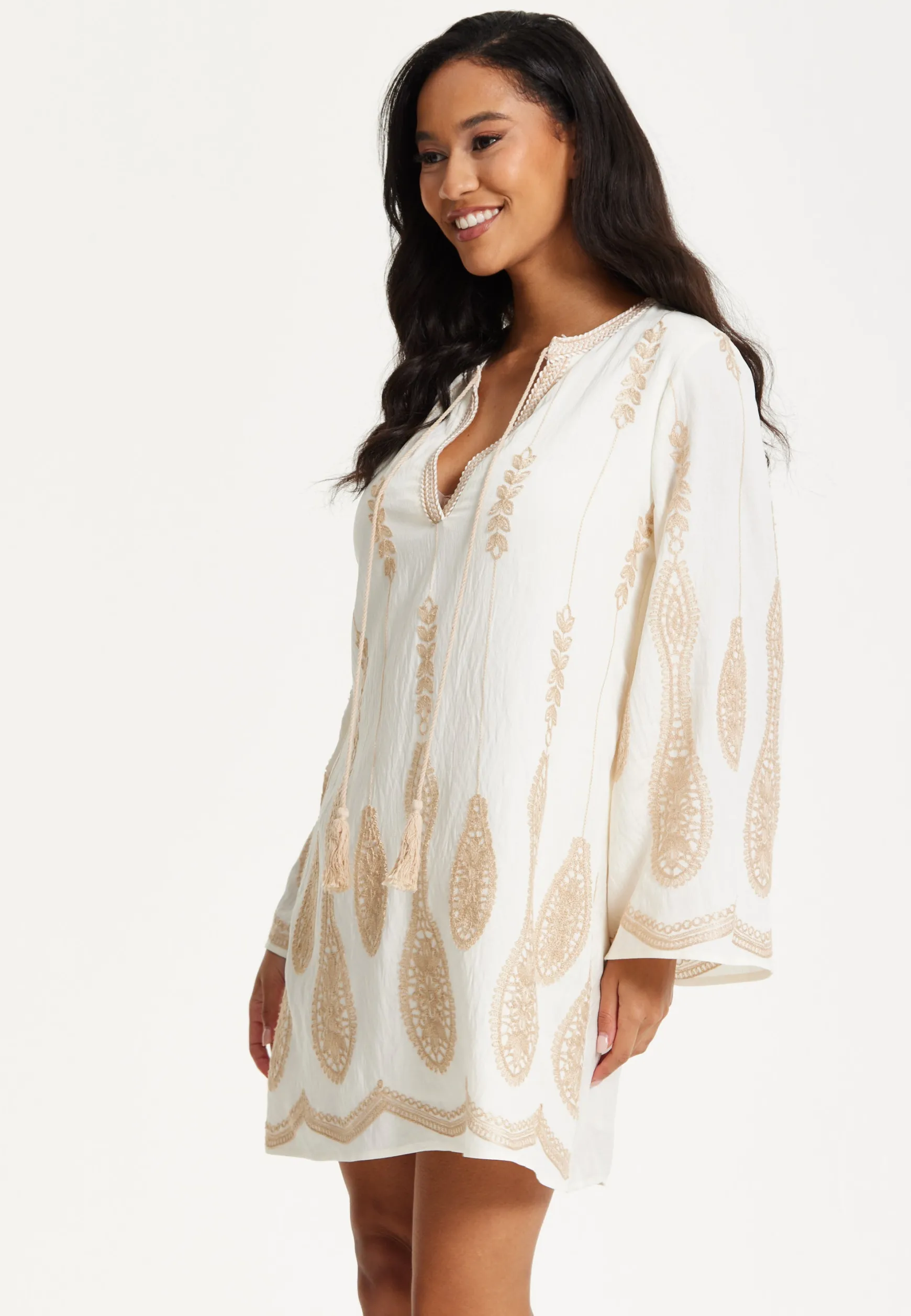 Ivory Embroidered Long Sleeve Dress