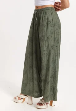 Khaki Embroidered Wide Leg Trousers