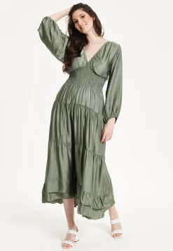 Khaki Shirred Waist Satin Maxi Dress