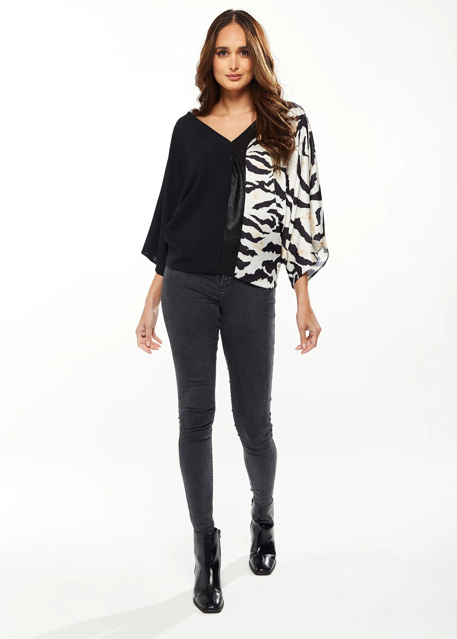 Liquorish Blouse with Zebra Print Pattern in Black & White
