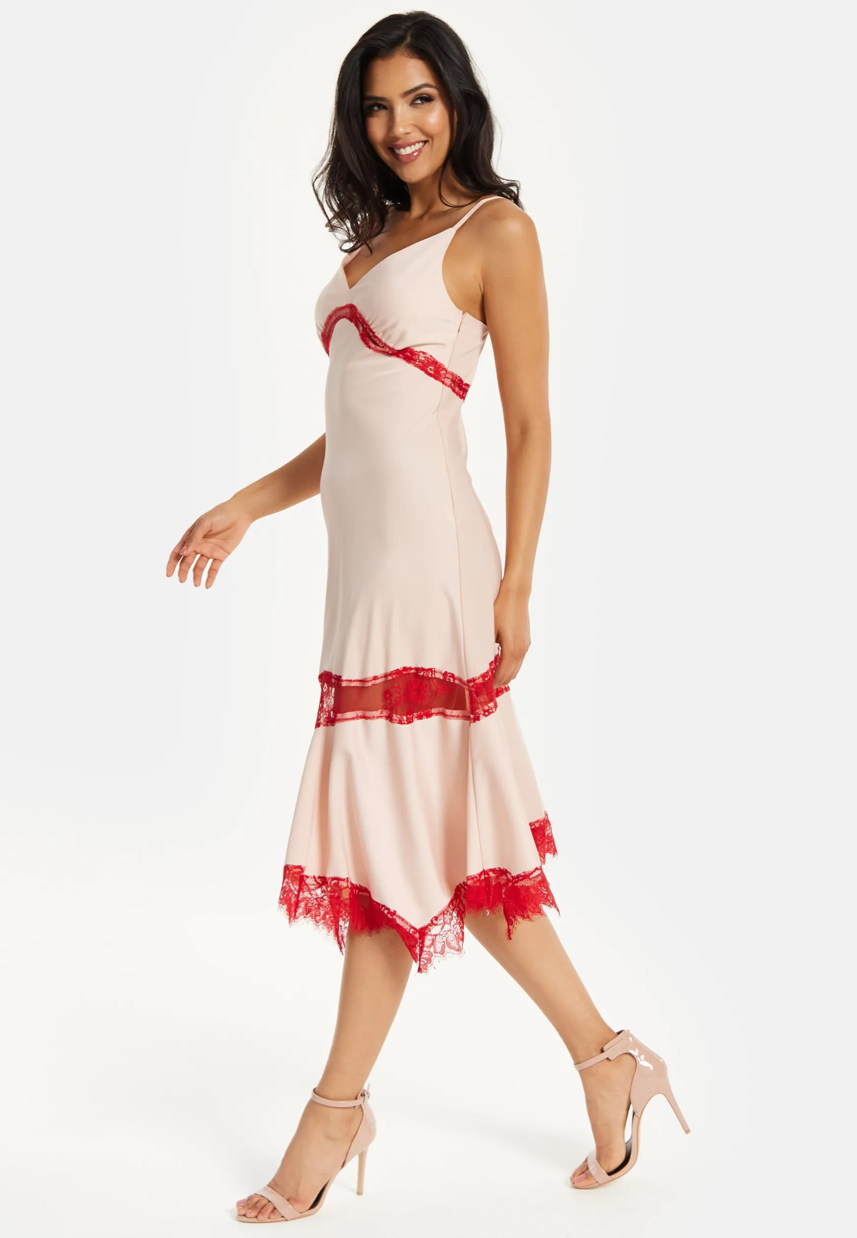 Liquorish Blush Midi Dress with Red Lace Trim