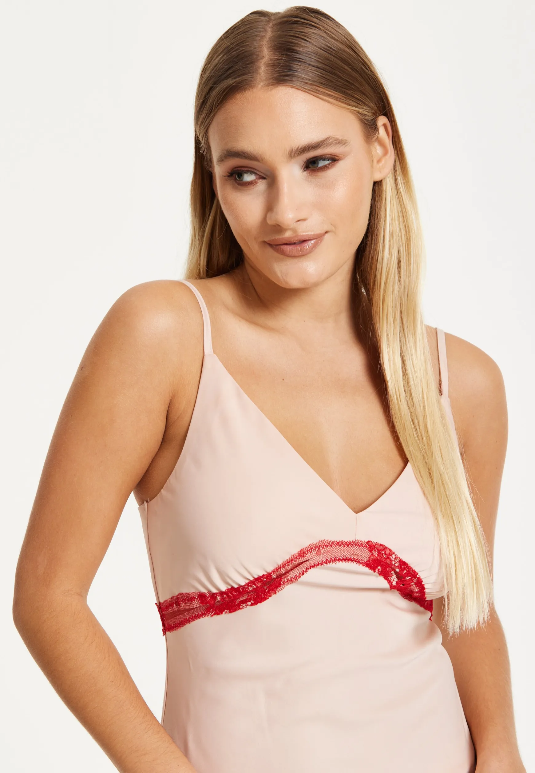Liquorish Blush Midi Dress with Red Lace Trim