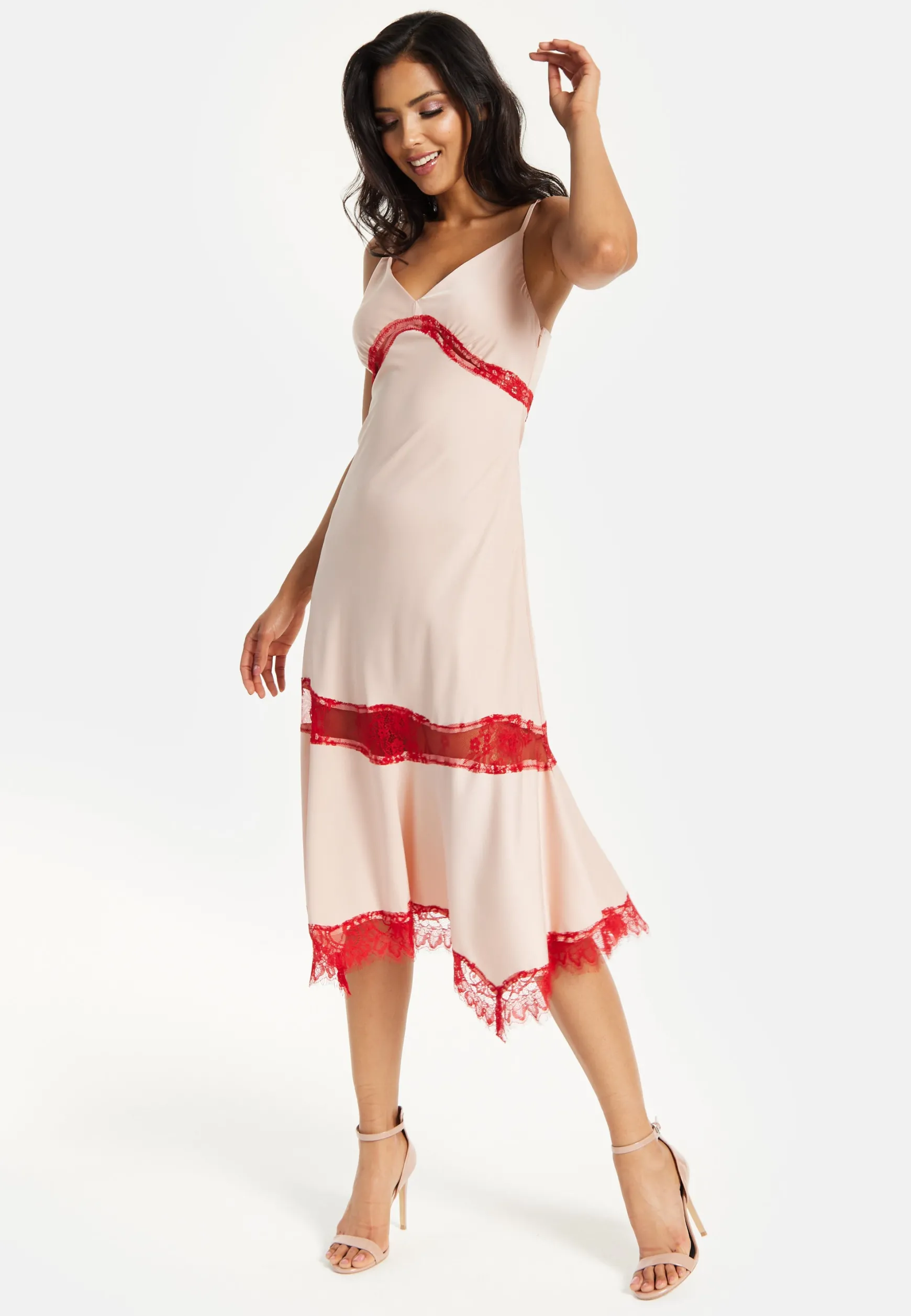 Liquorish Blush Midi Dress with Red Lace Trim