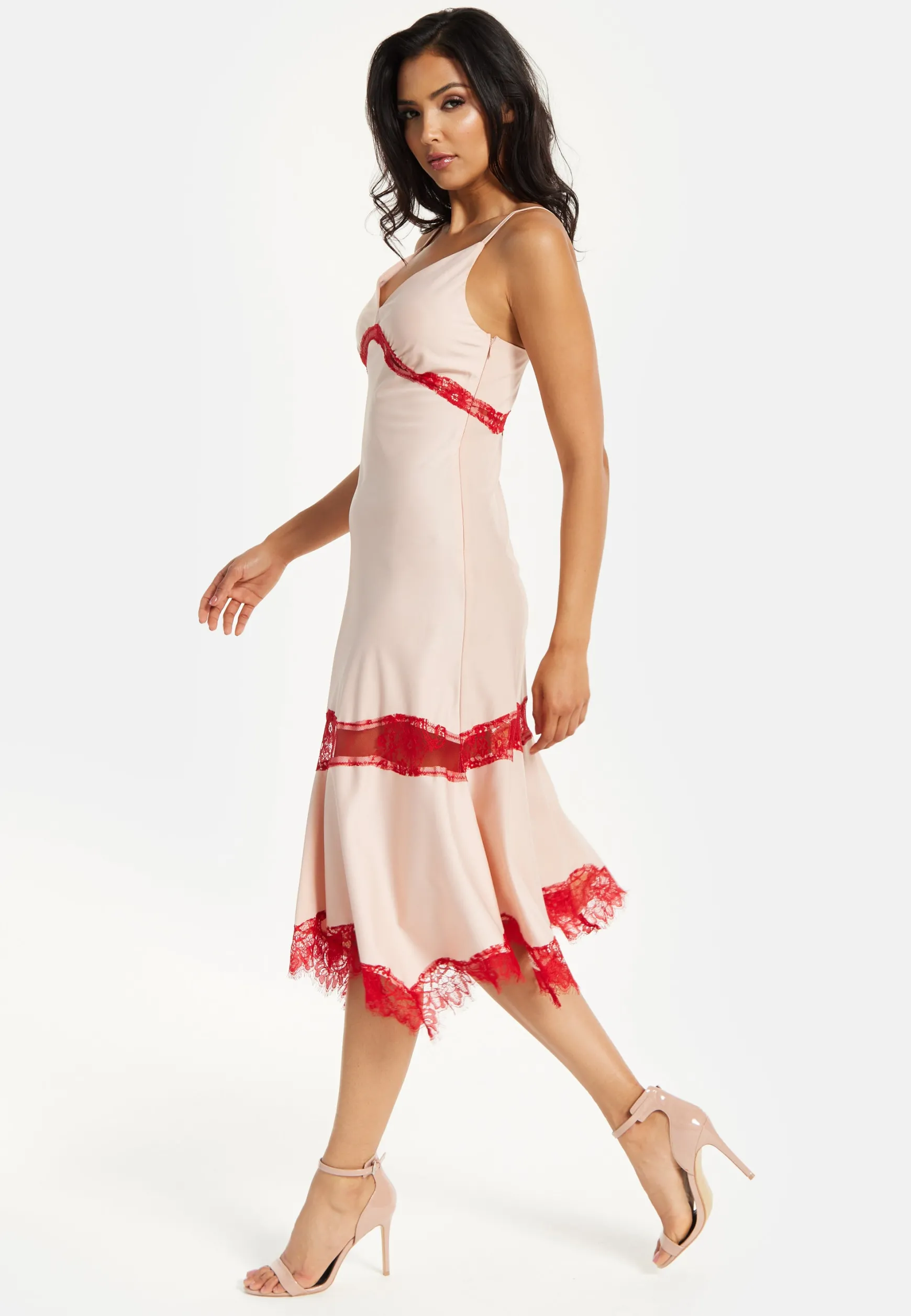Liquorish Blush Midi Dress with Red Lace Trim