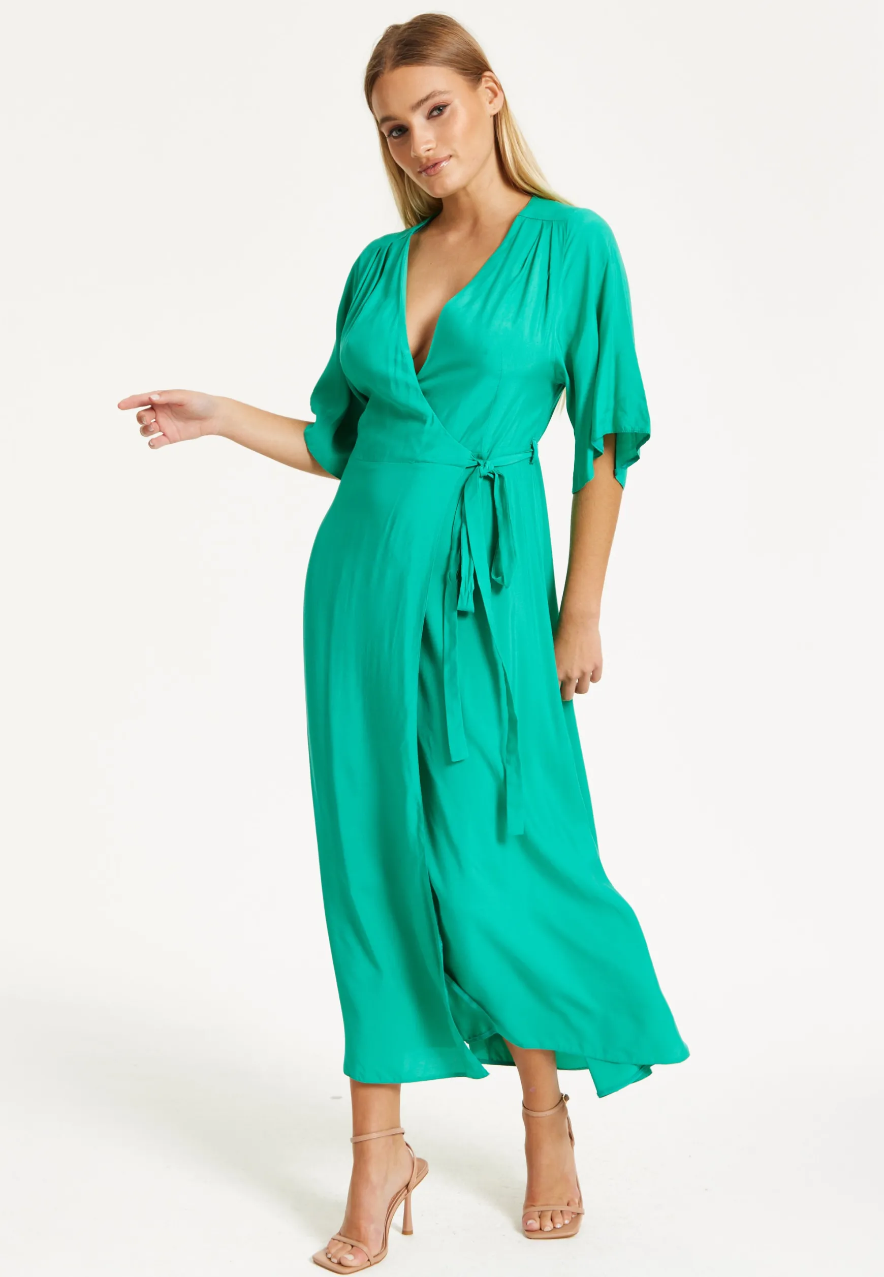 Liquorish Green Wrap Front Kimono Sleeve Maxi Dress