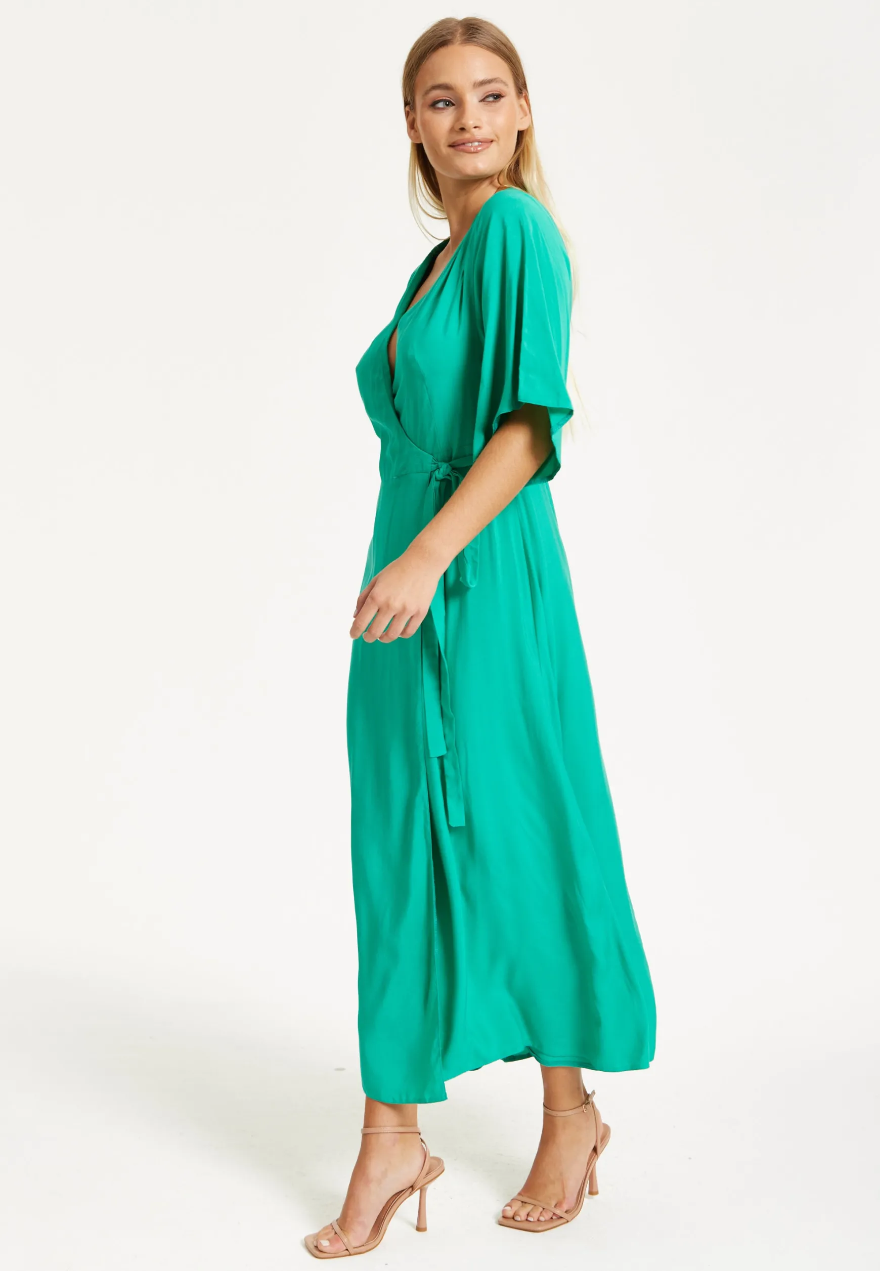 Liquorish Green Wrap Front Kimono Sleeve Maxi Dress
