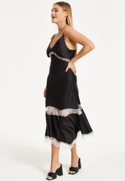 Liquorish Lace Trim Black Midi Dress