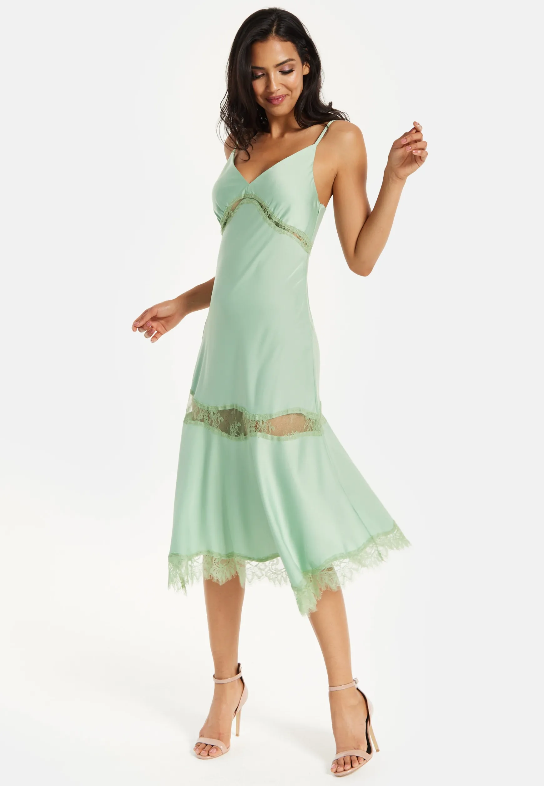 Liquorish Lace Trim Mint Midi Dress
