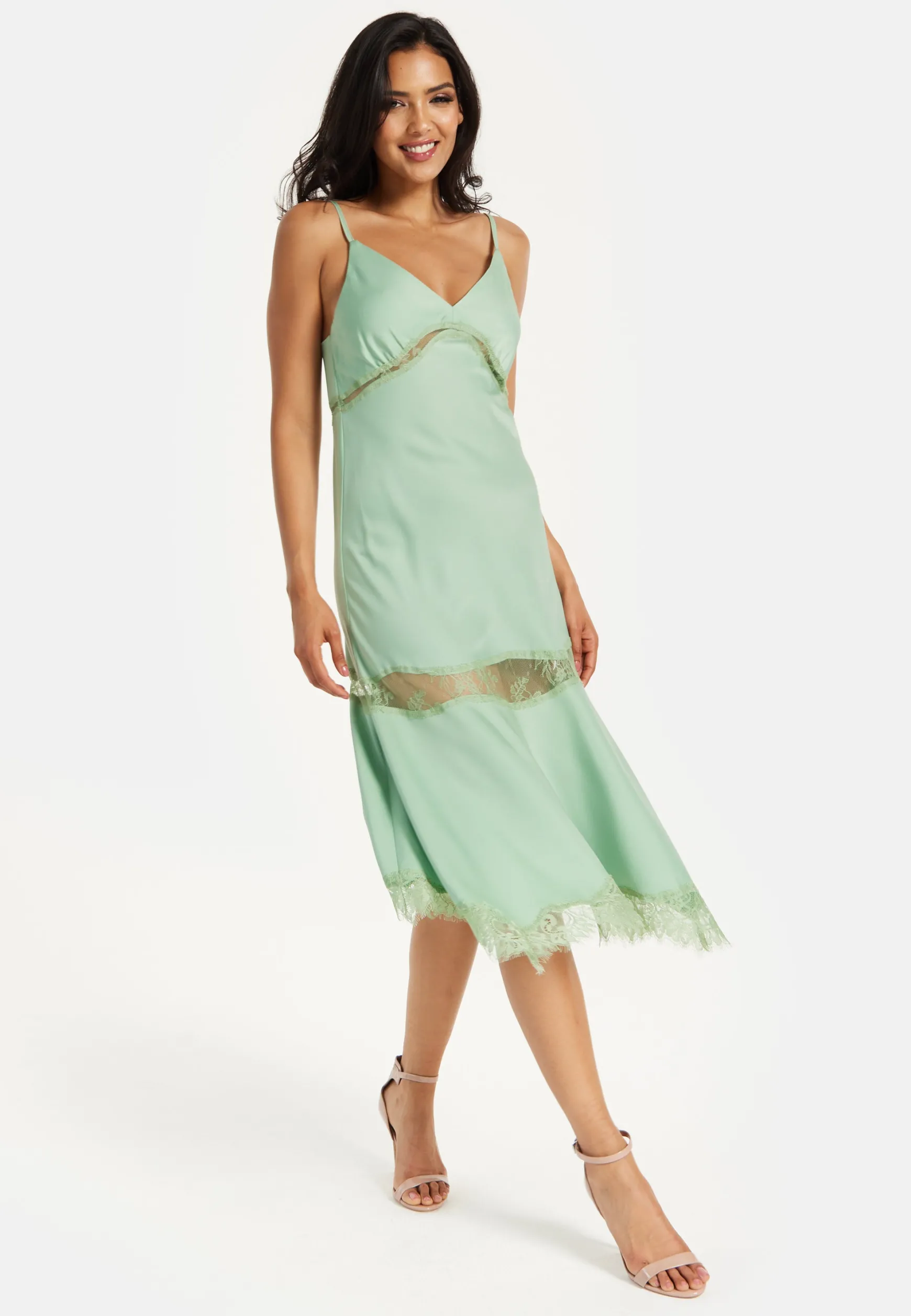 Liquorish Lace Trim Mint Midi Dress