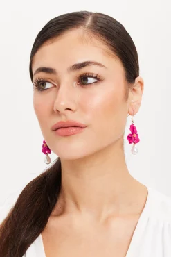 Liquorish Pink Flower Drop Earrings With Pearl Detail