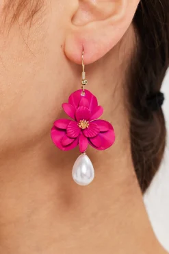 Liquorish Pink Flower Drop Earrings With Pearl Detail
