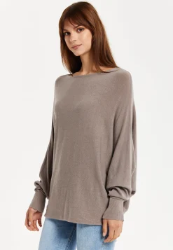 Liquorish Women's Jumper Beige Soft Knit with Batwing Sleeves - Effortless Elegance