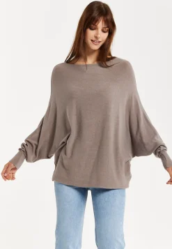Liquorish Women's Jumper Beige Soft Knit with Batwing Sleeves - Effortless Elegance