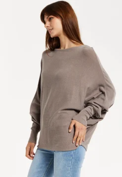 Liquorish Women's Jumper Beige Soft Knit with Batwing Sleeves - Effortless Elegance