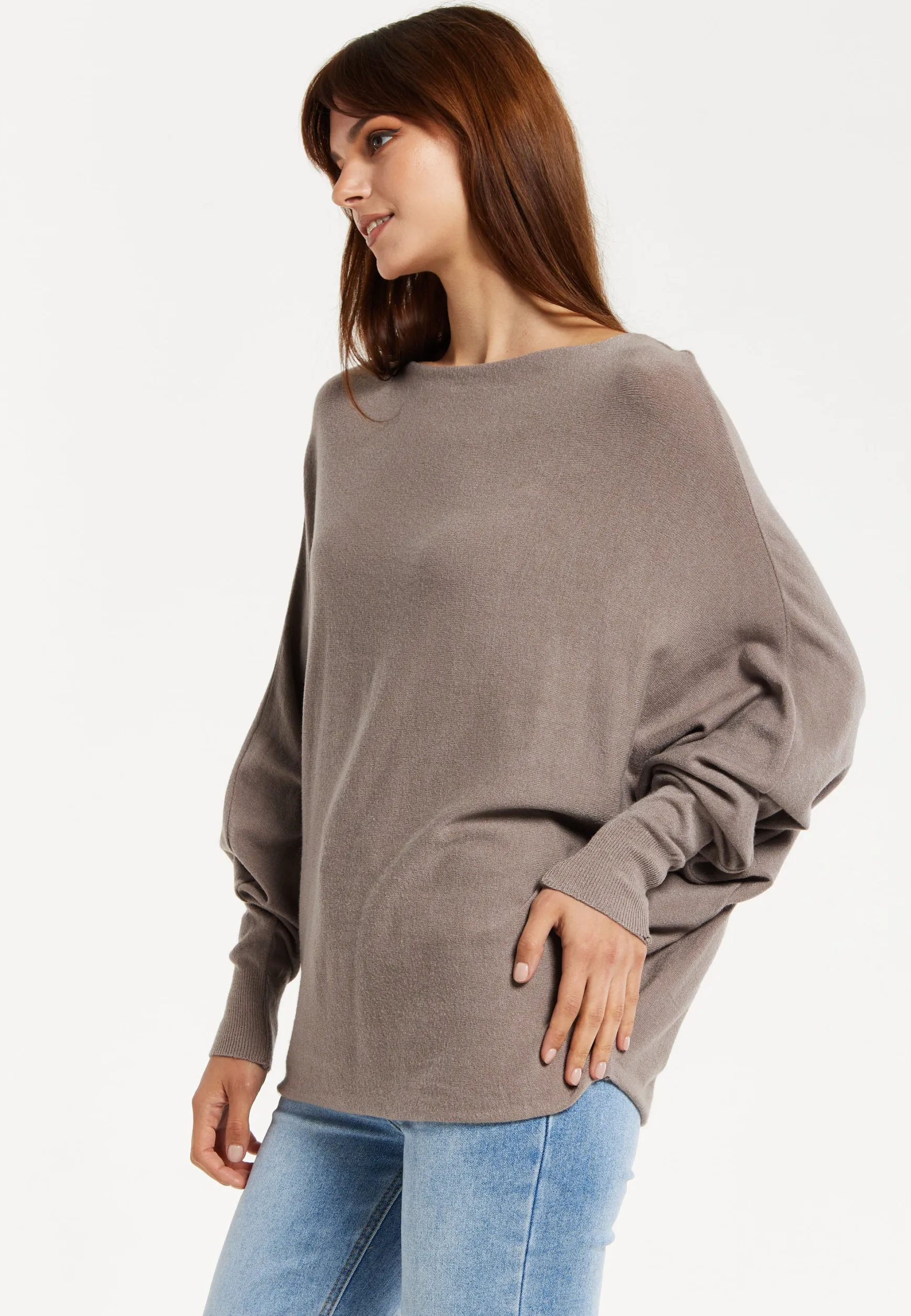 Liquorish Women's Jumper Beige Soft Knit with Batwing Sleeves - Effortless Elegance