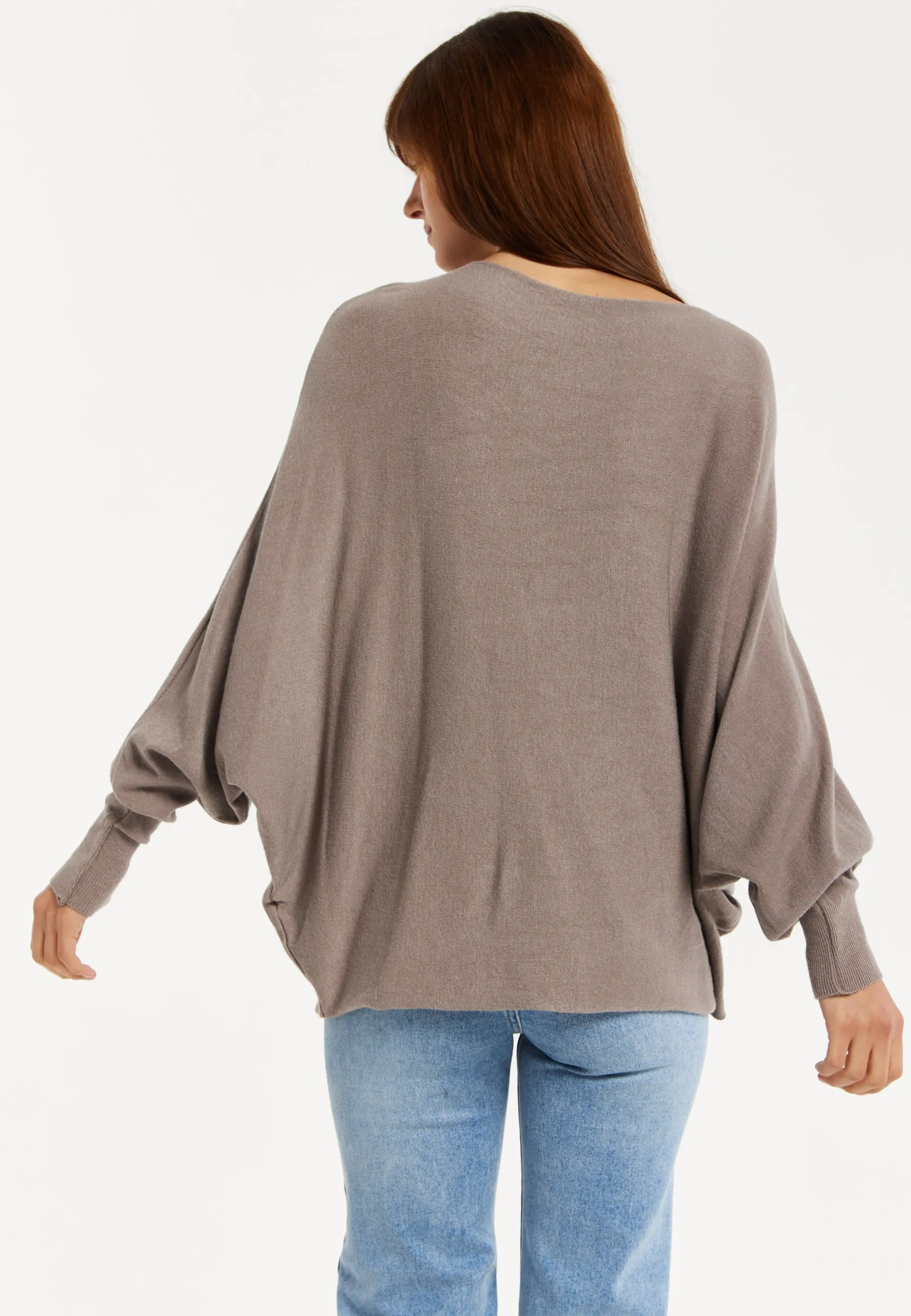 Liquorish Women's Jumper Beige Soft Knit with Batwing Sleeves - Effortless Elegance