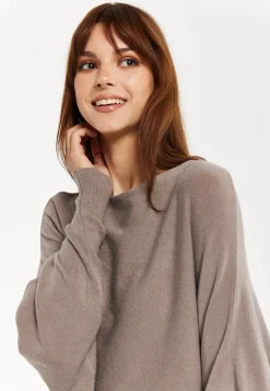 Liquorish Women's Jumper Beige Soft Knit with Batwing Sleeves - Effortless Elegance