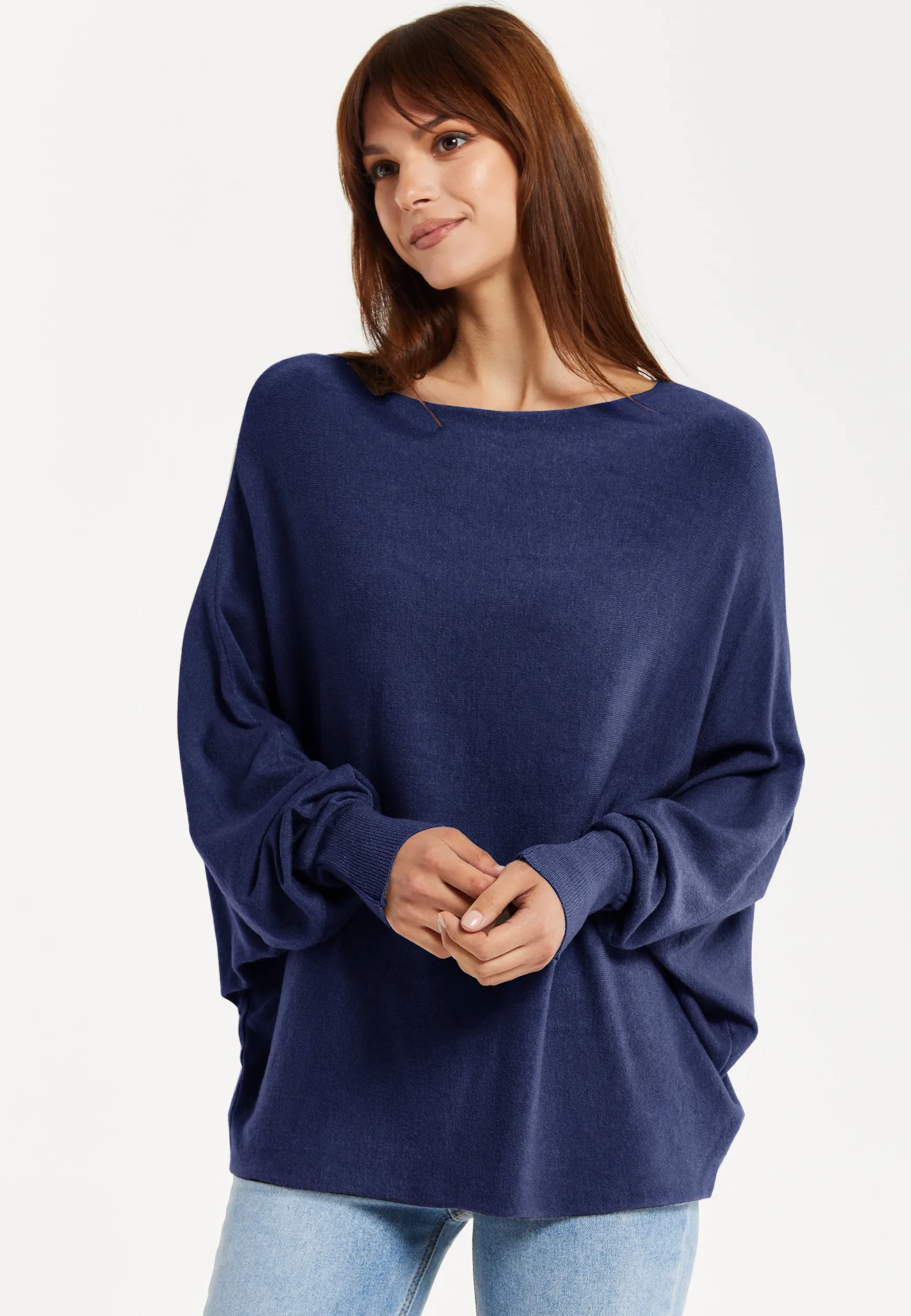 Liquorish Women's Jumper Navy Soft with Batwing Sleeves