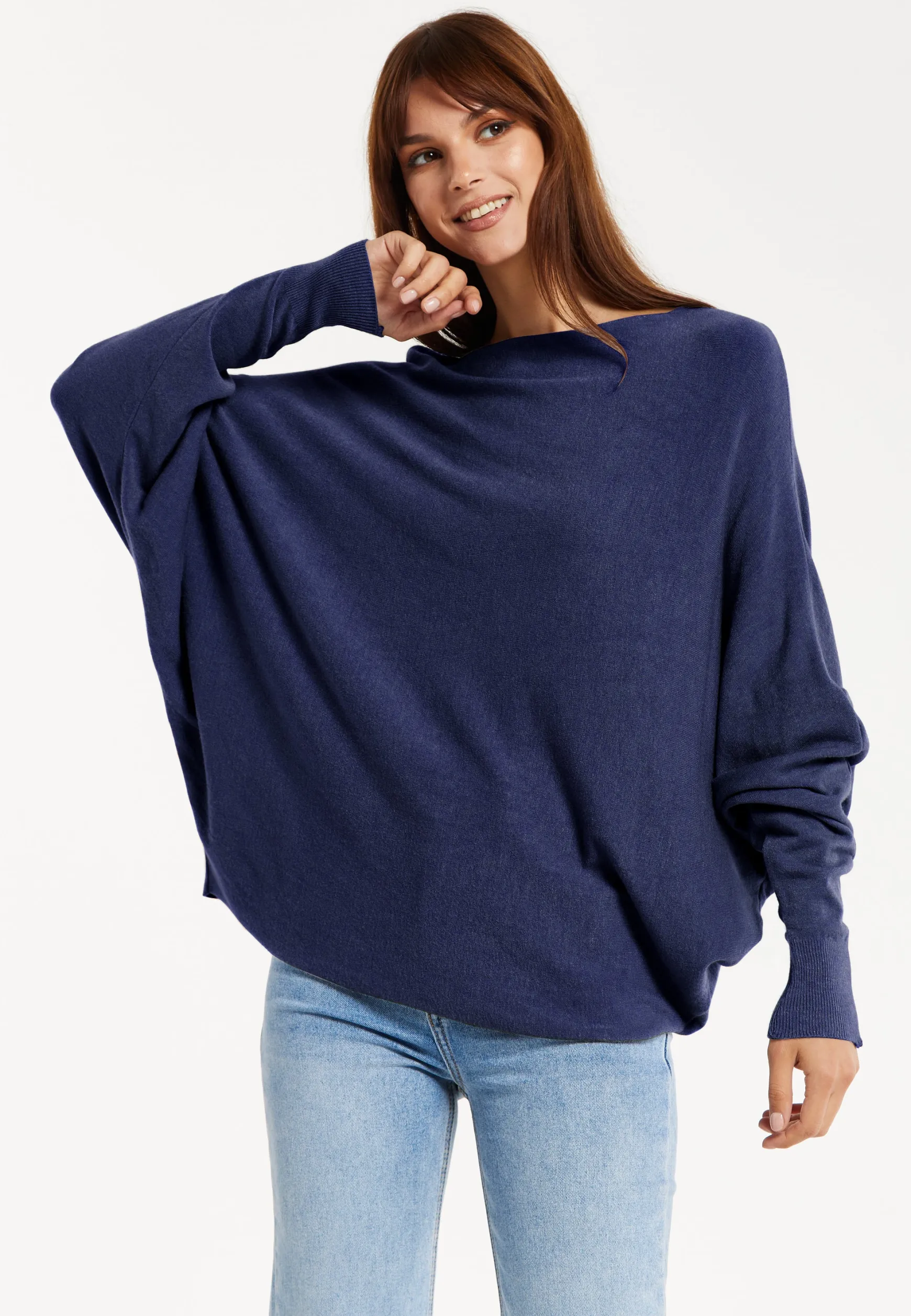 Liquorish Women's Jumper Navy Soft with Batwing Sleeves