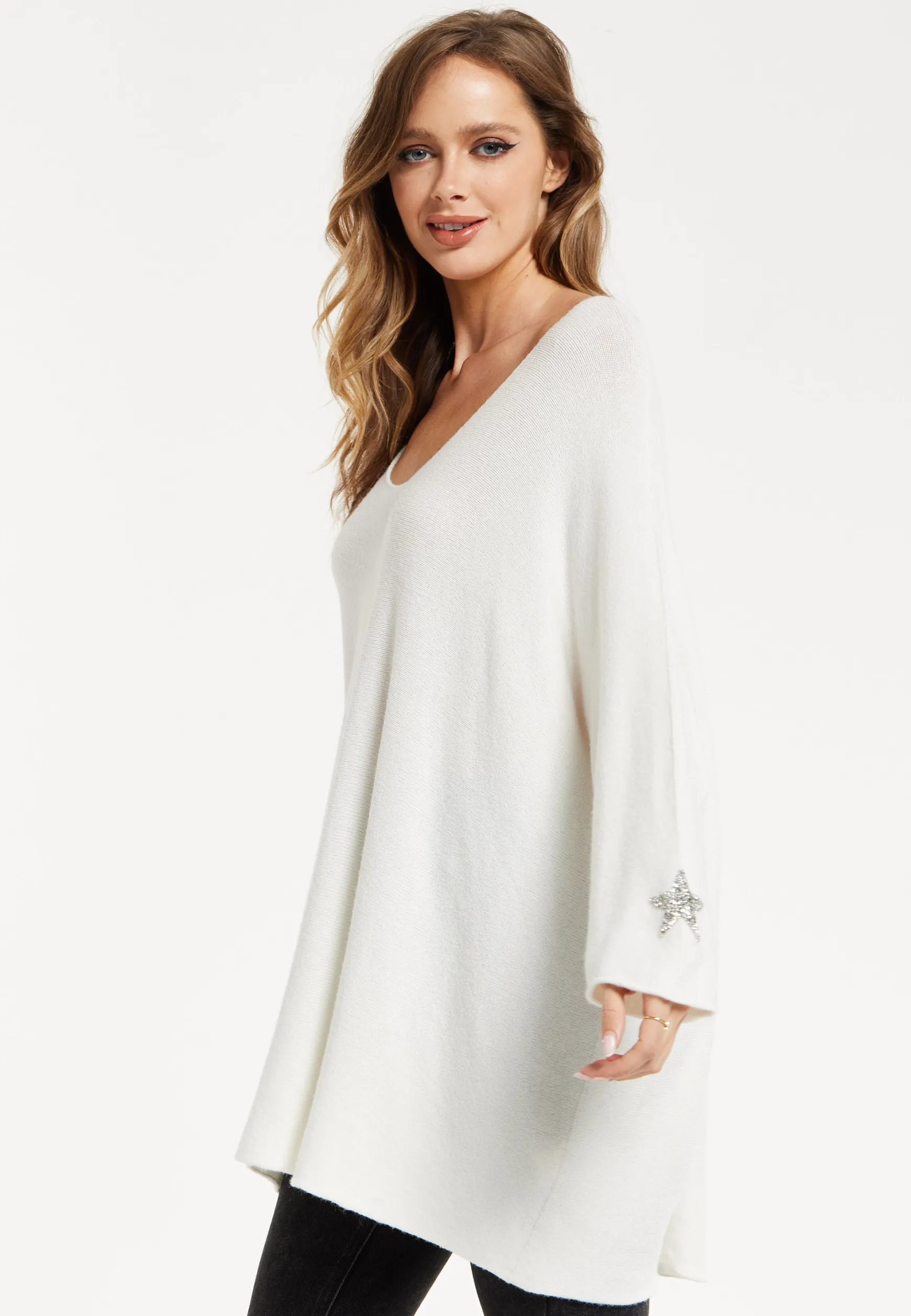 Liquorish Women's Jumper White V-Neck Long Sleeve with Star Embellishments
