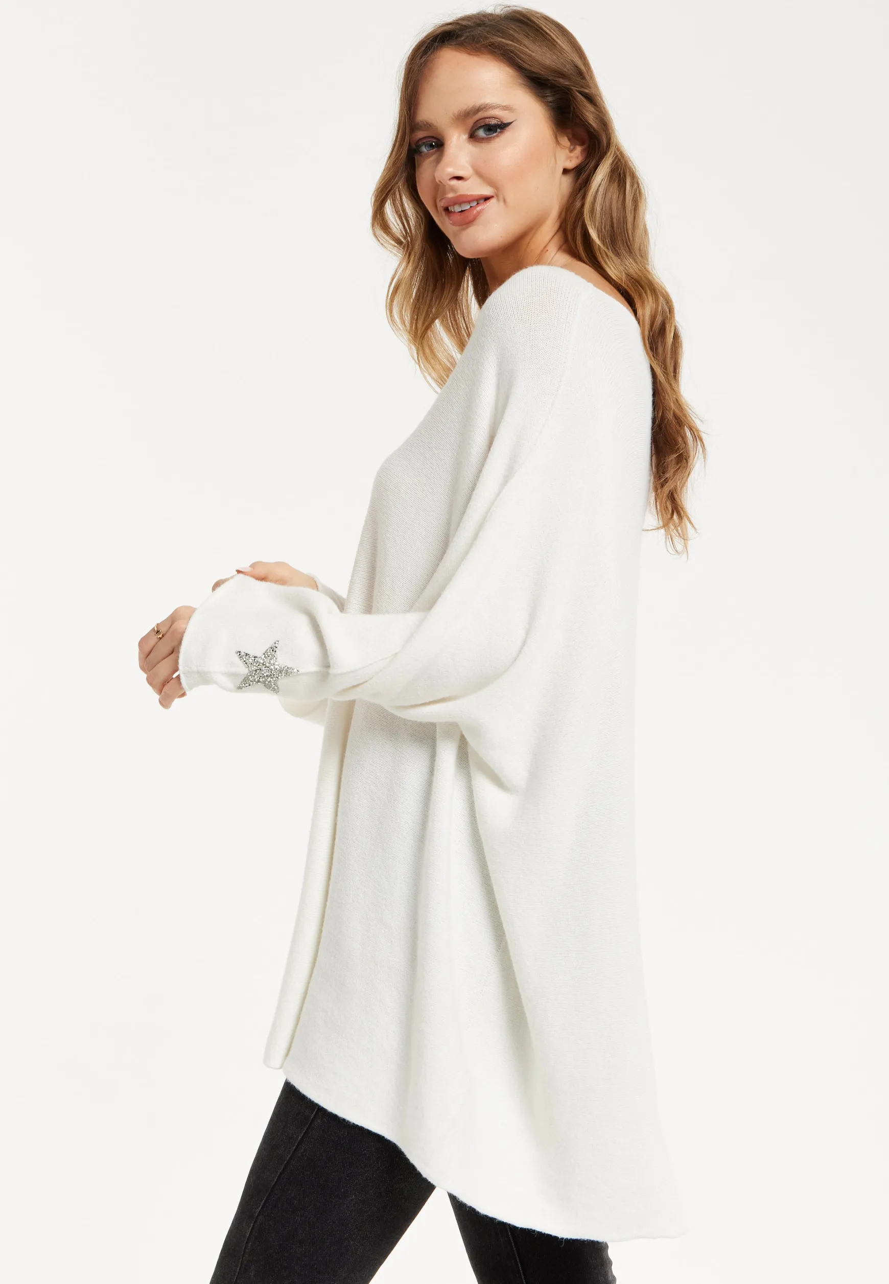 Liquorish Women's Jumper White V-Neck Long Sleeve with Star Embellishments