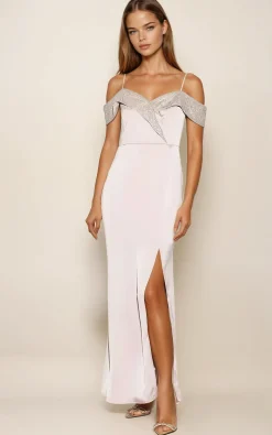 Maxi Dress with Off-Shoulder Design Thigh-High Slit & Sequin Detail