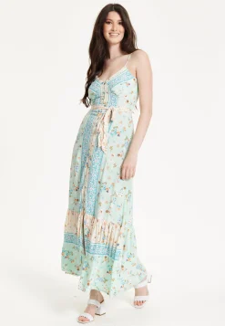 Mint Boho Floral Tie Front Maxi Dress
