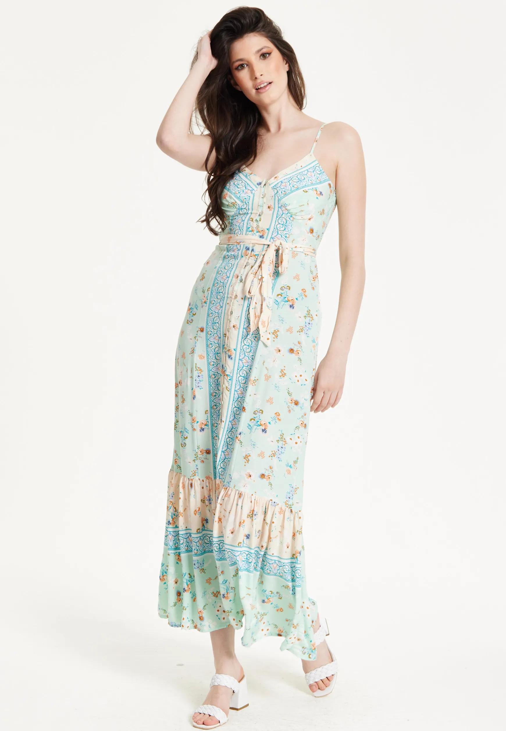 Mint Boho Floral Tie Front Maxi Dress