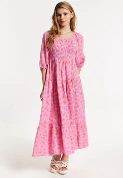 Pink Printed Shirred Maxi Dress