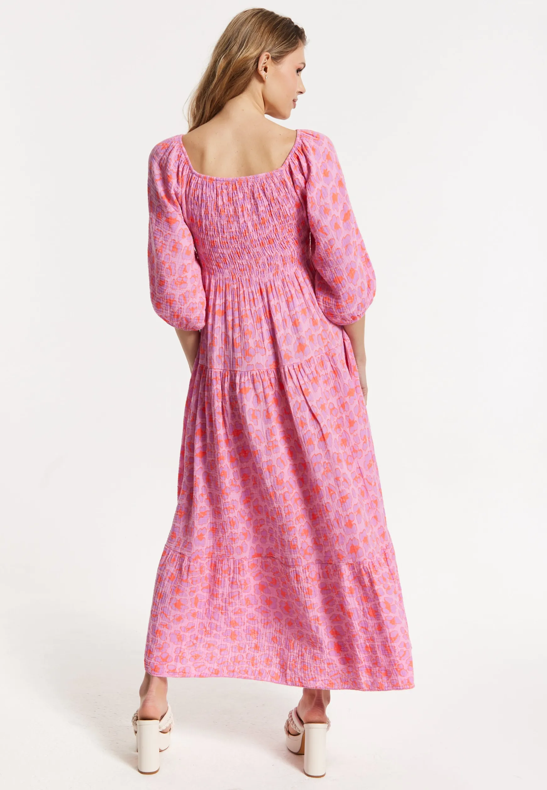 Pink Printed Shirred Maxi Dress