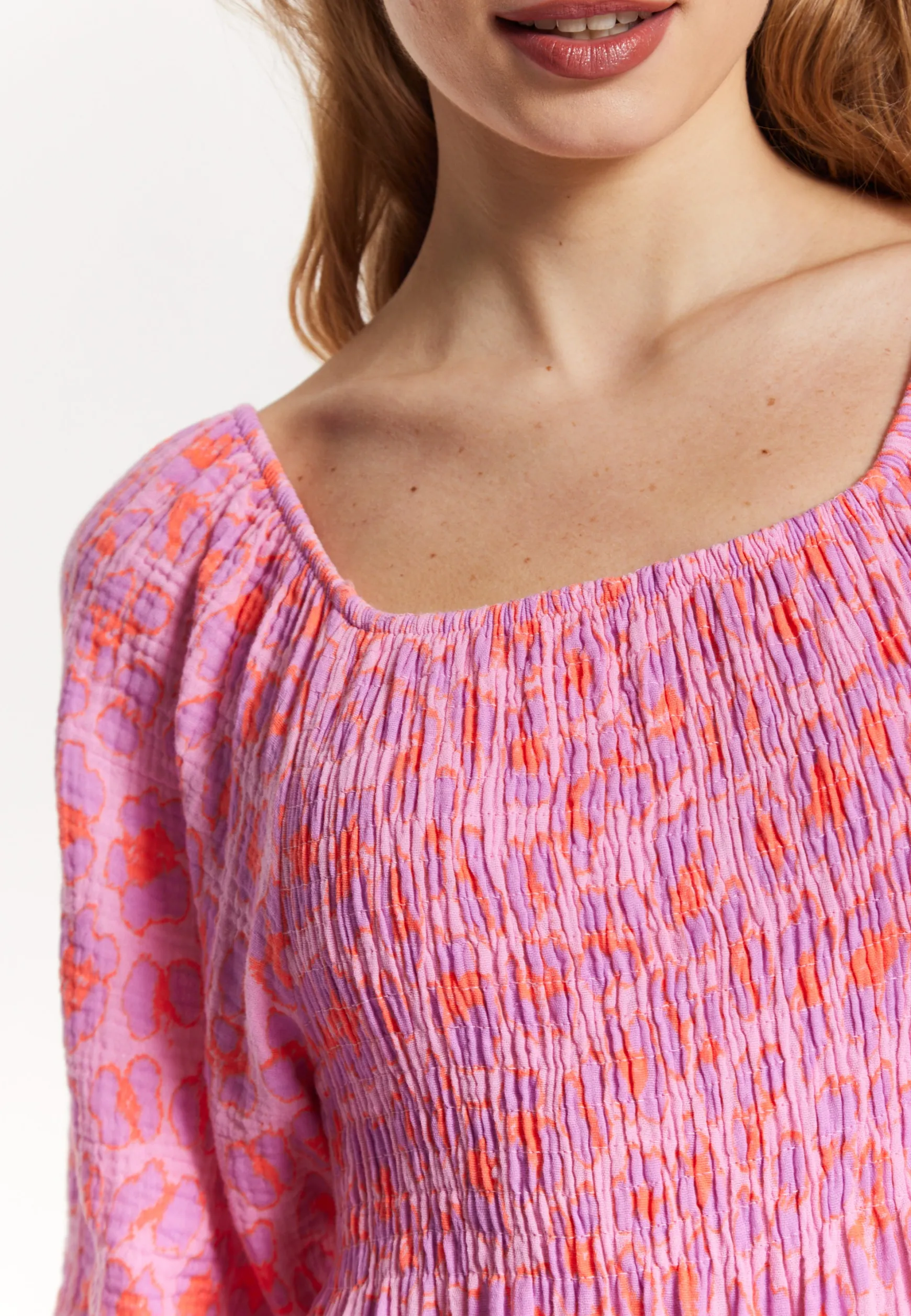 Pink Printed Shirred Maxi Dress
