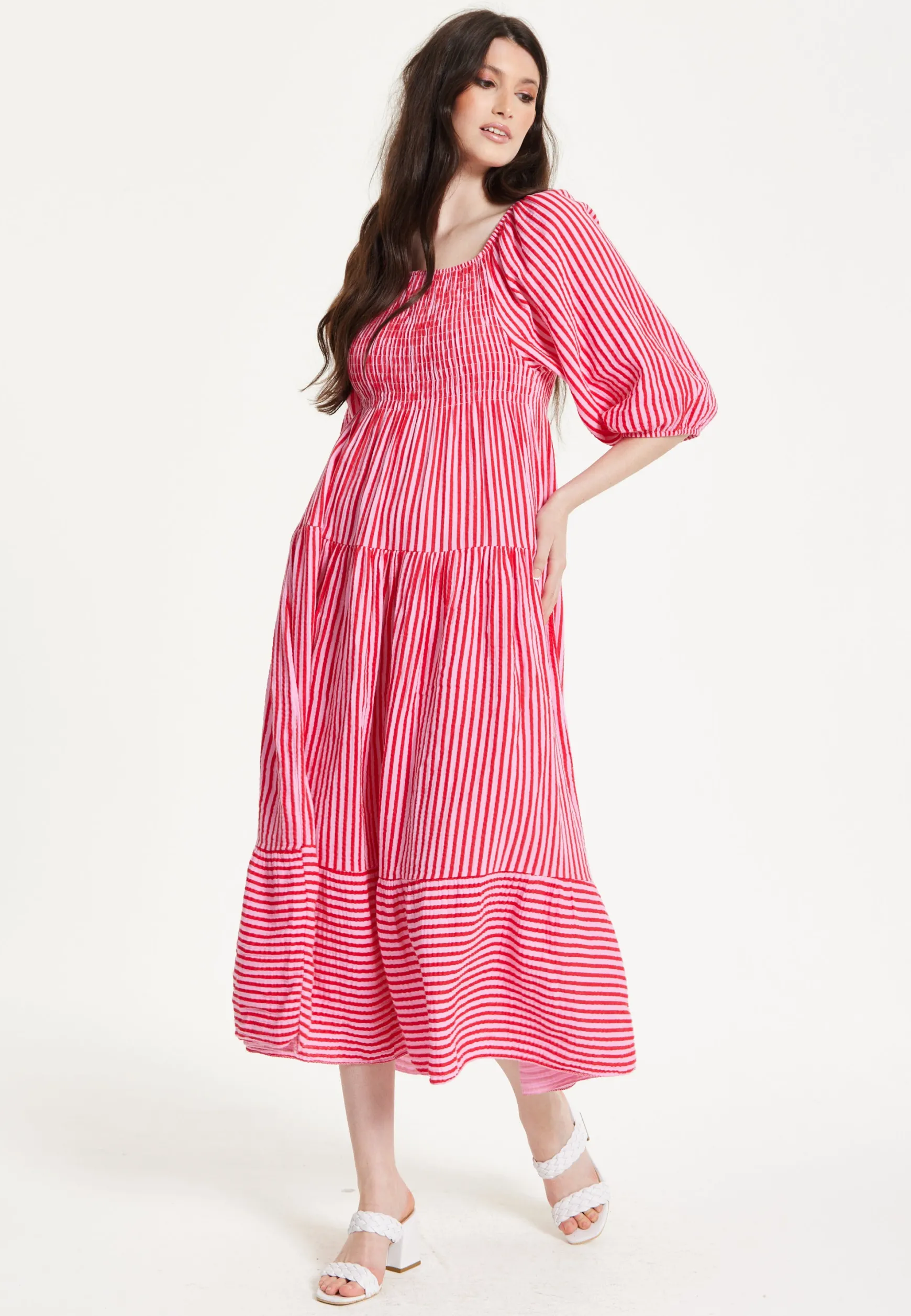 Pink Puff Sleeve Stripe Midi Dress