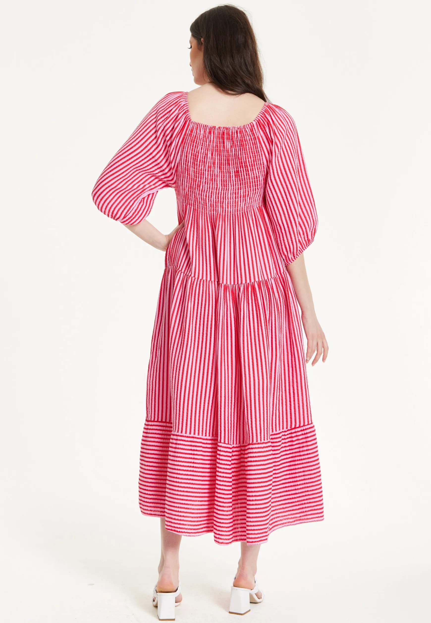 Pink Puff Sleeve Stripe Midi Dress
