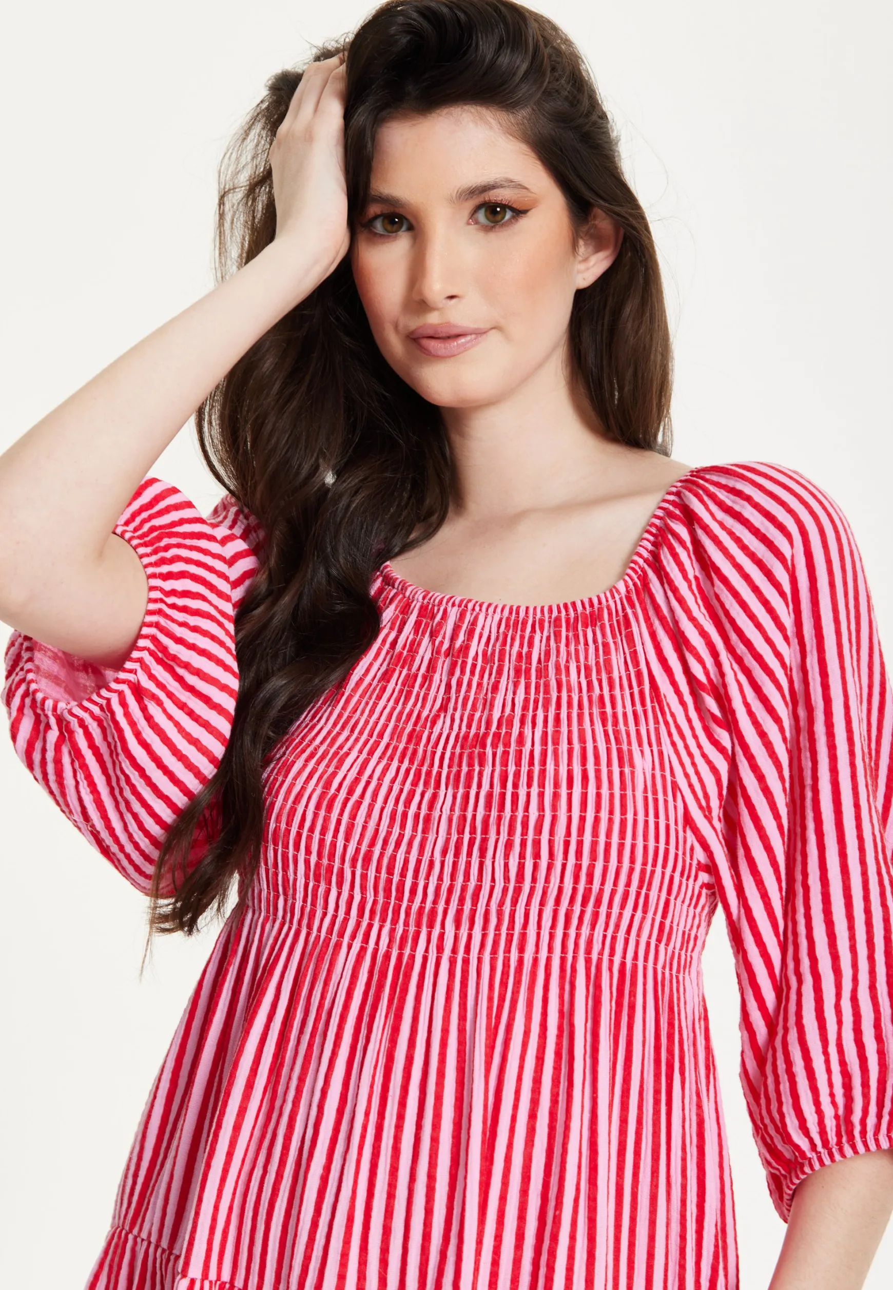 Pink Puff Sleeve Stripe Midi Dress