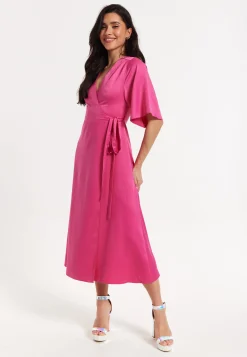 Pink Satin Kimono Sleeve Maxi Wrap Dress