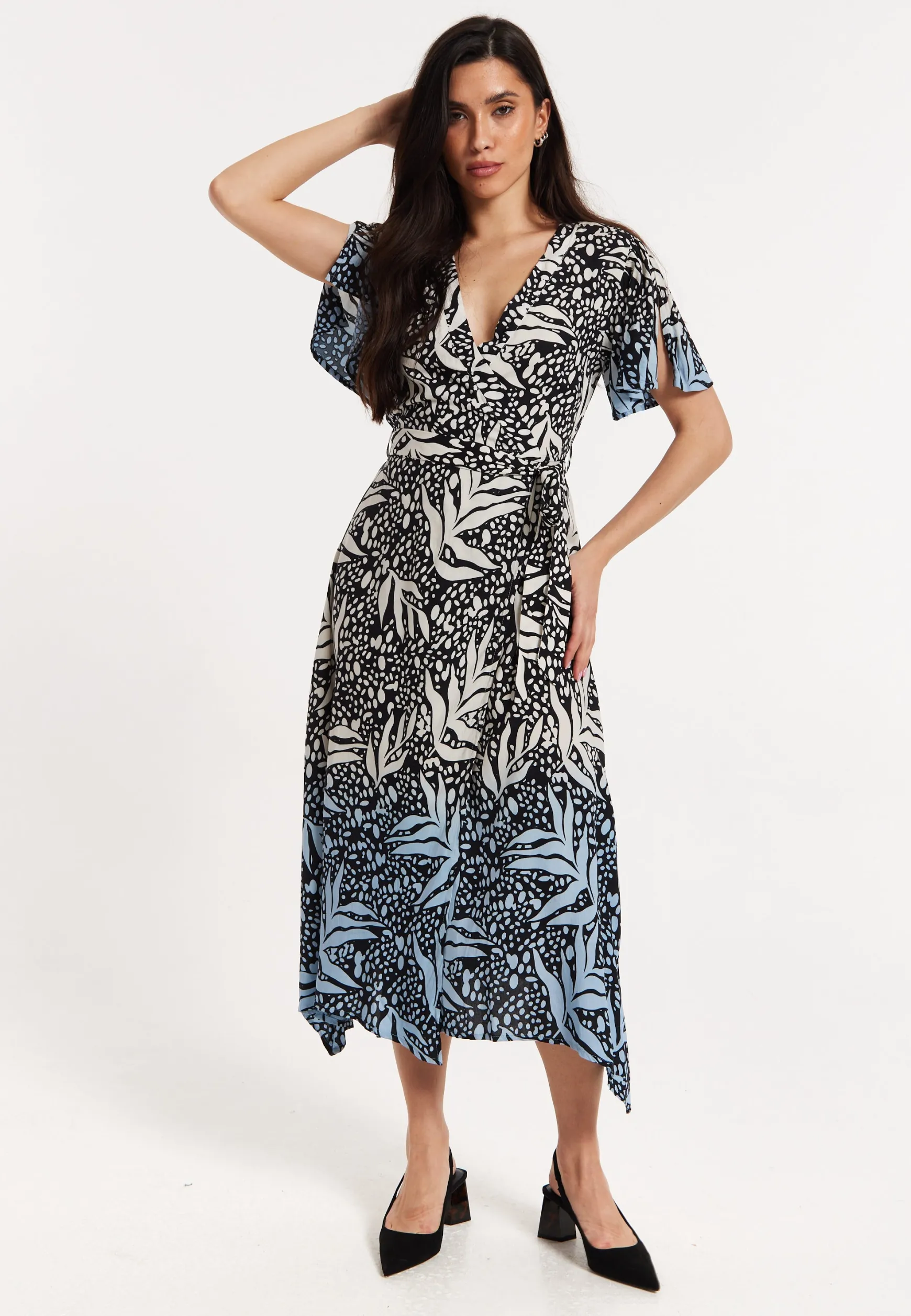 Printed Blue Dip Dye Wrap Midaxi Dress