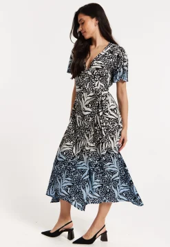 Printed Blue Dip Dye Wrap Midaxi Dress
