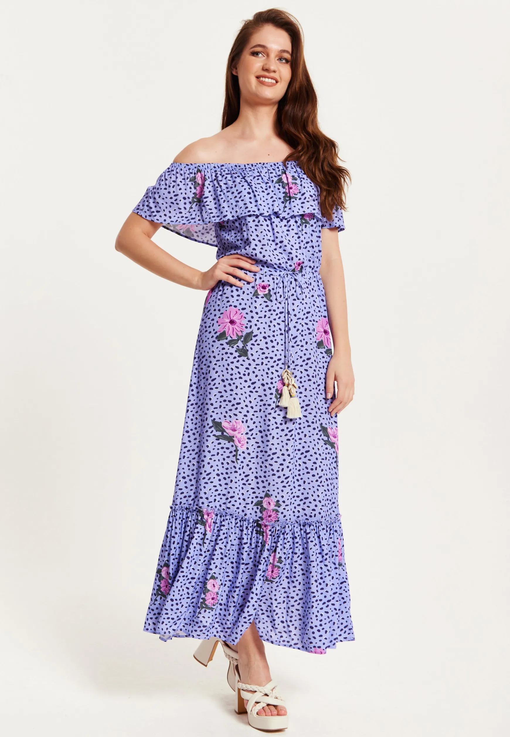Purple Floral Off Shoulder Maxi Dress