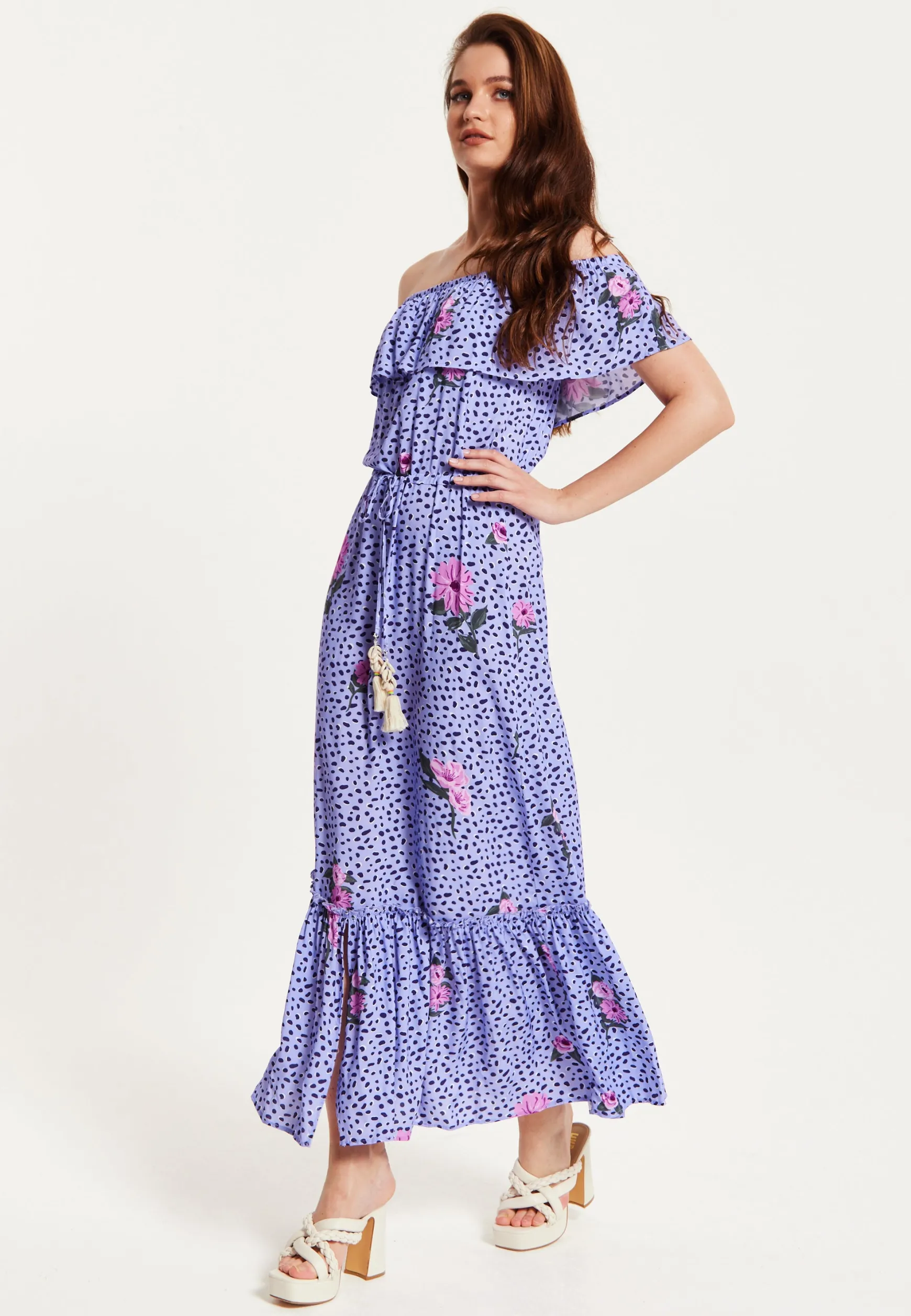 Purple Floral Off Shoulder Maxi Dress