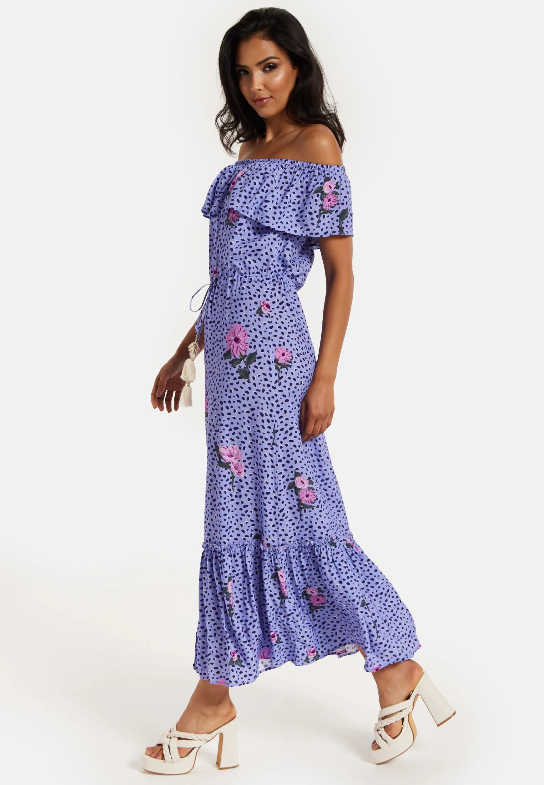Purple Floral Off Shoulder Maxi Dress