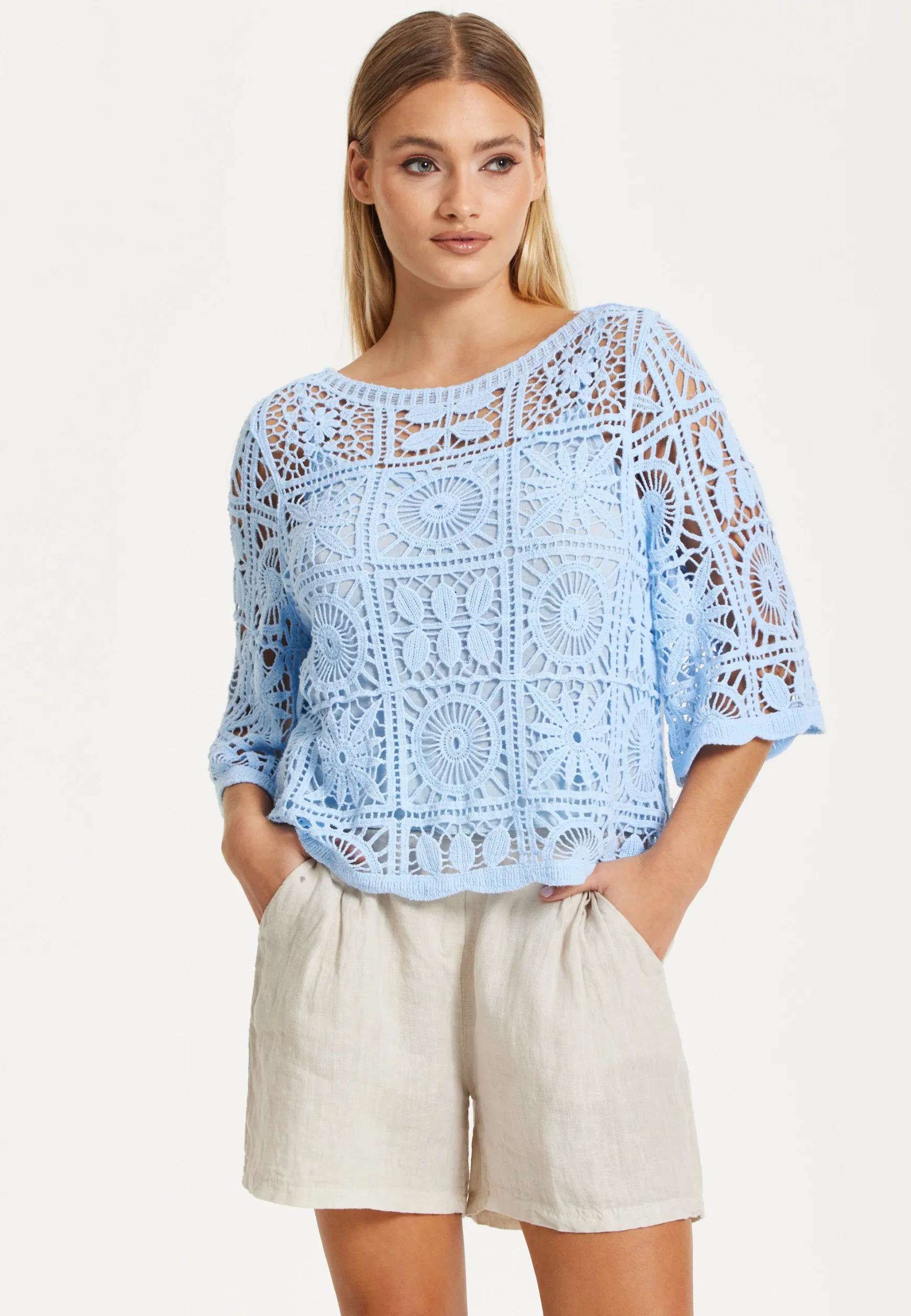 Sky Blue Knitted Crochet Lace Top