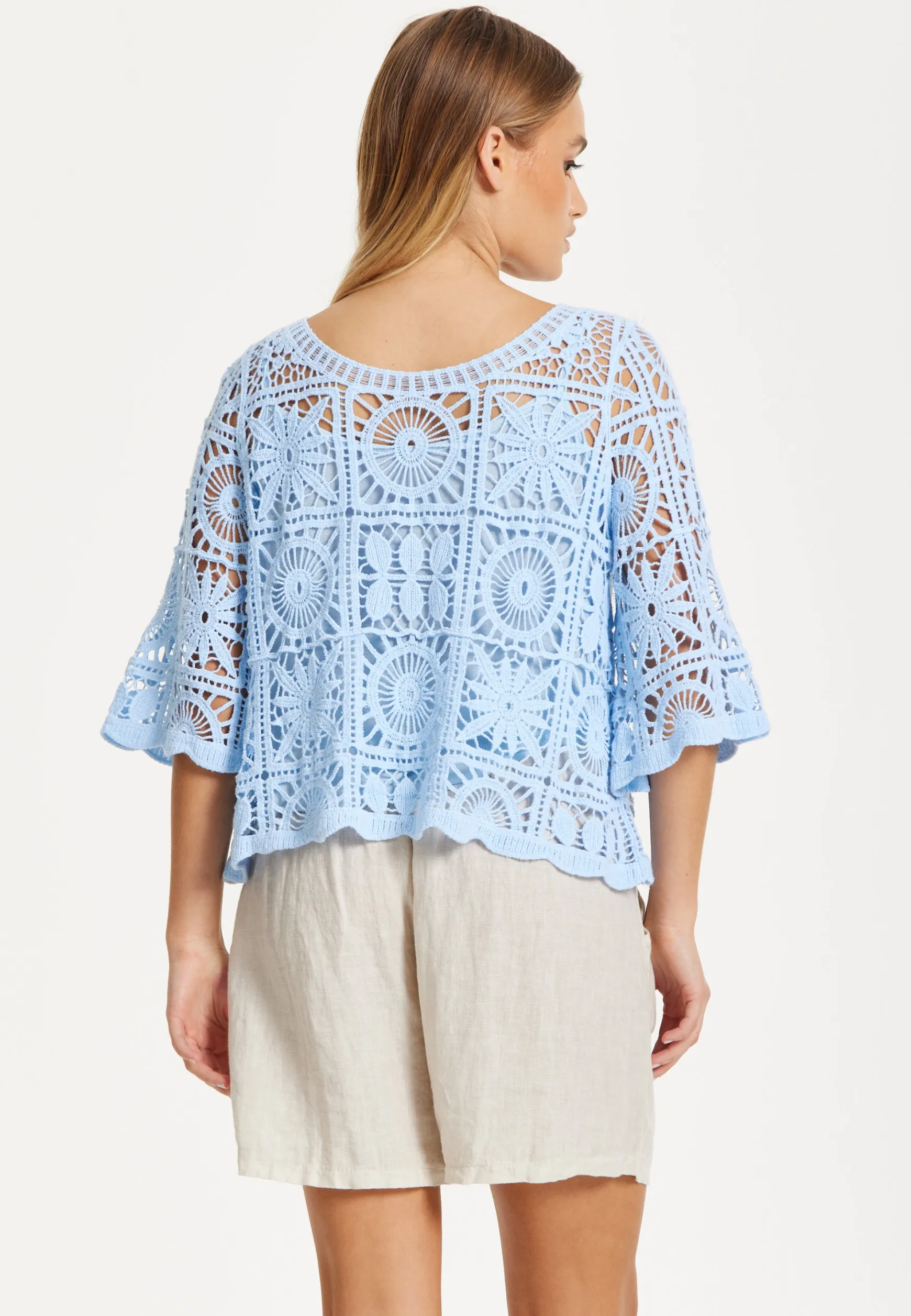 Sky Blue Knitted Crochet Lace Top